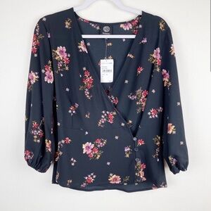 Bobeau Floral Wrap Blouse - Black and Pink B07